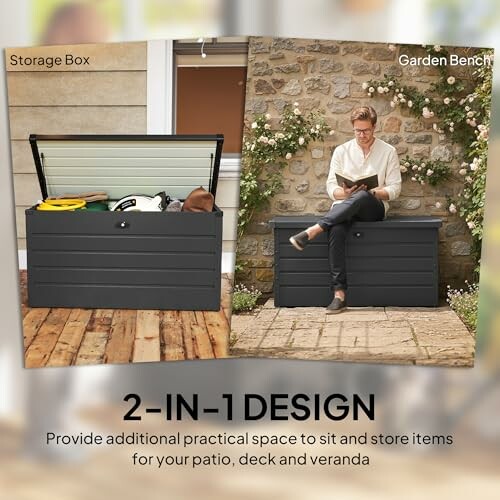 Collage of a storage box and a garden bench with a man sitting on it.
