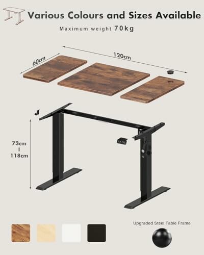 Adjustable desk frame with wooden tabletops and color options.