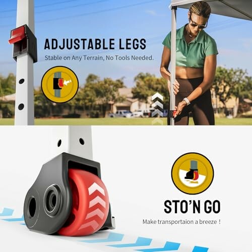 Woman adjusting canopy legs with wheels for easy transport.