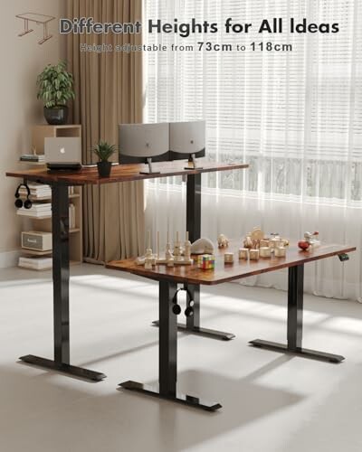 Adjustable desks with various heights in a modern room.