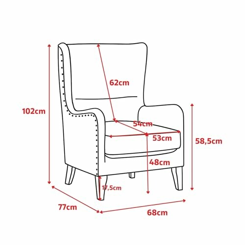Diagram showing armchair dimensions with measurements in centimeters.