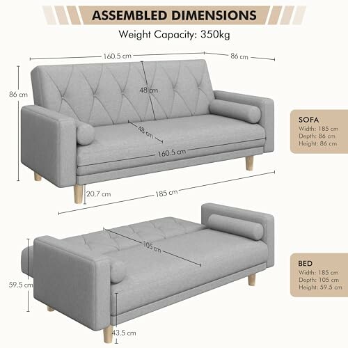Convertible sofa bed with assembly dimensions.