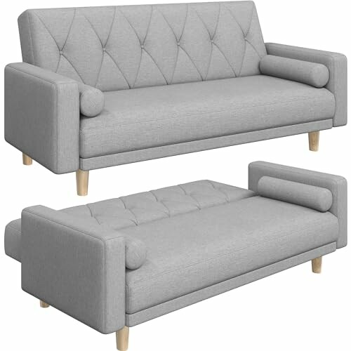 Gray convertible sofa bed with wooden legs.