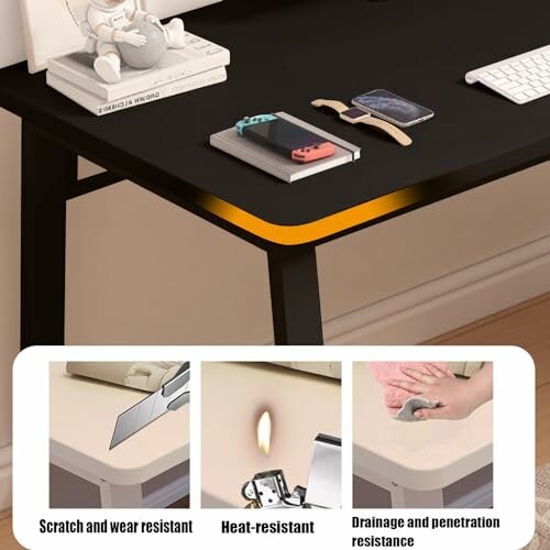 Desk with scratch, heat, and water resistance features.