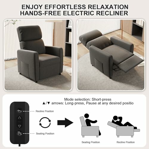 Electric recliner chair in seating and recline positions with control instructions.