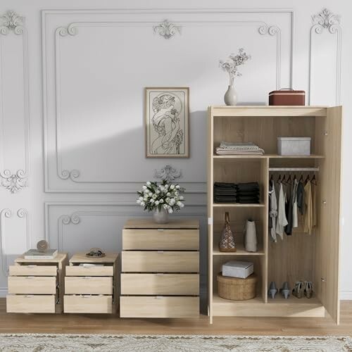 Minimalist wardrobe and drawers in a stylish room.