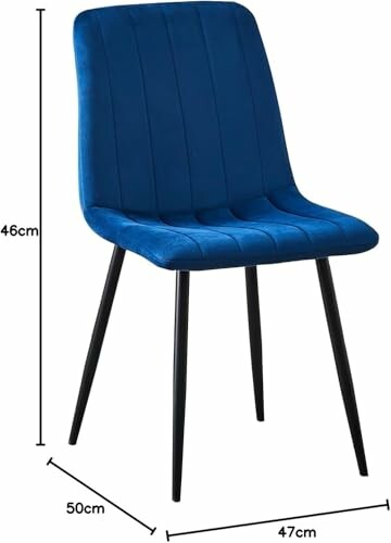 Blue modern dining chair with measurements.