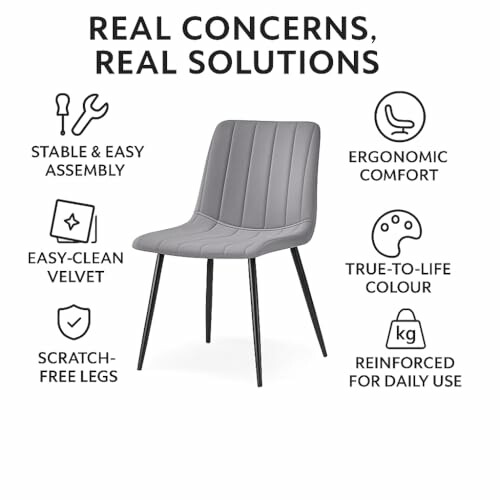 Gray chair with features: stable assembly, easy-clean velvet, scratch-free legs, ergonomic comfort, true-to-life color, reinforced for daily use.