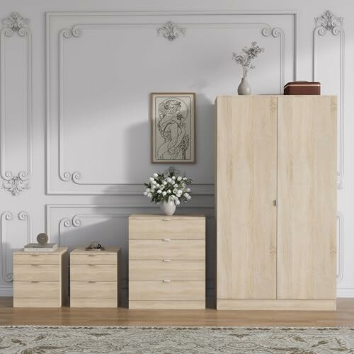 Modern wooden furniture set with wardrobe, drawers, and decor in elegant room.