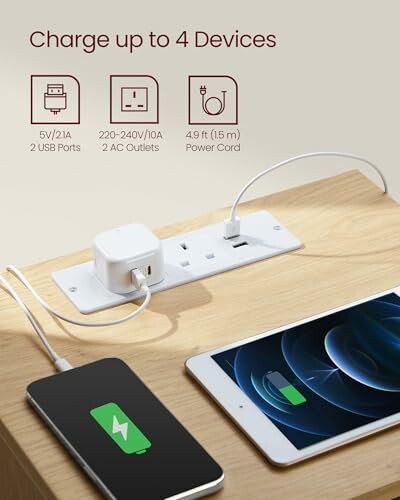 A charging station with two USB ports and two AC outlets powering multiple devices. This is a great example of the convenient charging station that comes with the VASAGLE KAILYN Collection.
