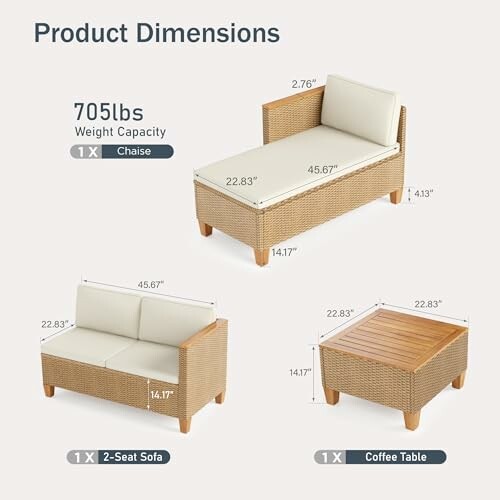 Dimensions of an outdoor furniture set including a chaise, 2-seat sofa, and coffee table.