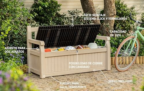 Outdoor storage bench with open lid showing toys inside, surrounded by plants and a bicycle.