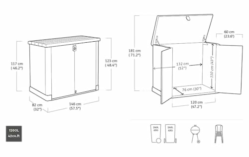 Illustration of outdoor storage box with dimensions and capacity.