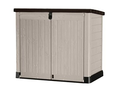 Outdoor storage cabinet with a brown top and beige body.