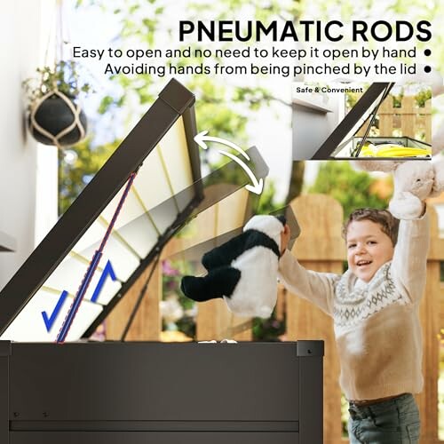 Child using a storage box with pneumatic rods for easy opening.