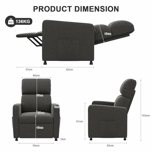Dimensions of a reclining chair with measurements in centimeters.