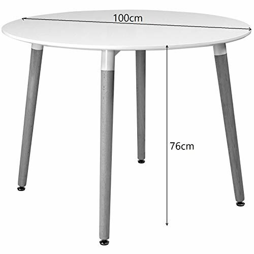 Round white table with wooden legs and dimensions marked.