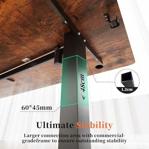 Sturdy table frame with dimensions and stability features highlighted.