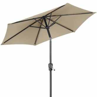 Tan patio umbrella with crank handle