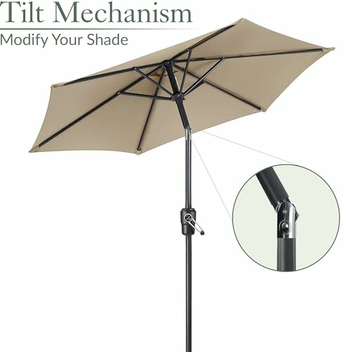 Patio umbrella with tilt mechanism and crank handle.