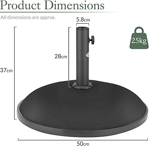 Diagram of umbrella base stand with dimensions and weight.