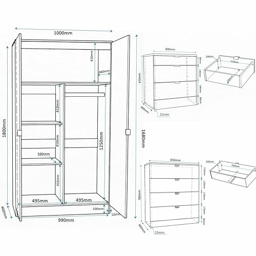 Diagram showing dimensions of a wardrobe with shelves and drawers.