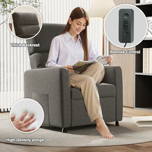 Woman sitting in a recliner chair reading a magazine, with features like thick backrest, remote control, and high-density sponge highlighted.