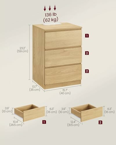 A wooden drawer unit with three drawers and dimensions labeled. This is a great example of the attention to detail that has gone into designing this product.