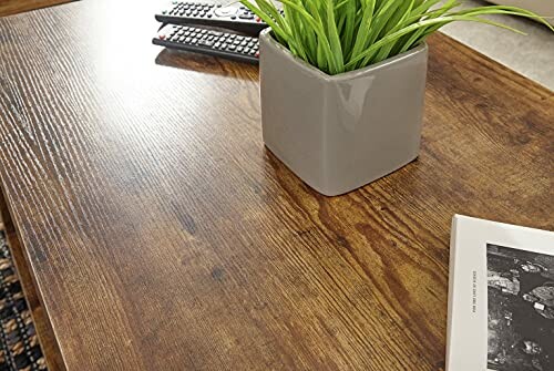 Wooden table with a potted plant, remote controls, and a book
